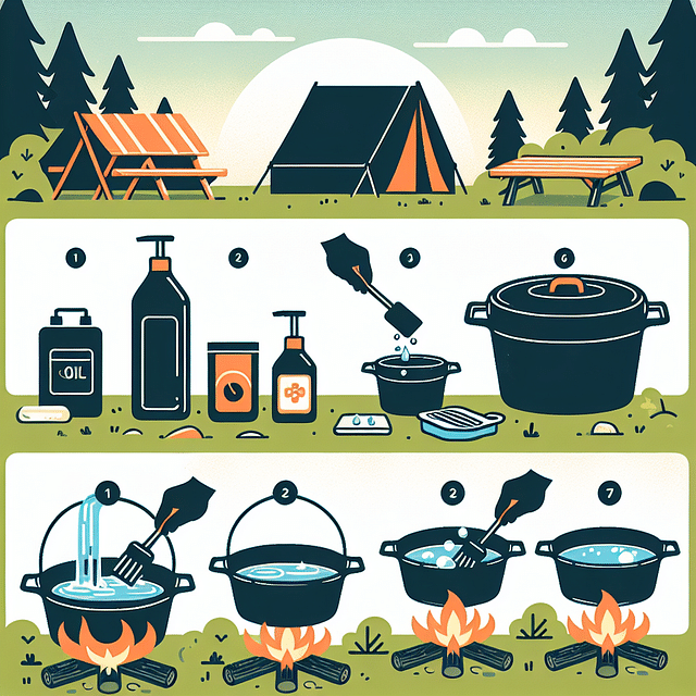 cleaning and oiling cast iron cookware at campsite