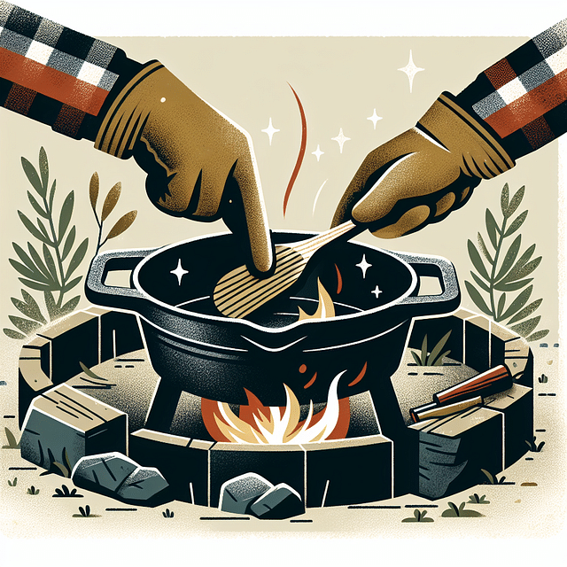 adjusting cast iron cookware on campfire for heat control