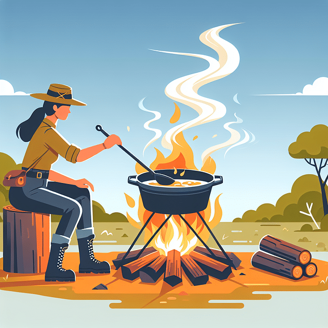 stirring food in cast iron cookware over campfire