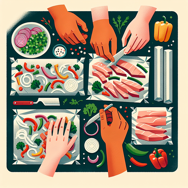 hands assembling low-carb fajita ingredients in foil packets