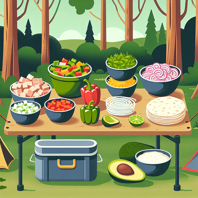 camping table with low-carb fajita ingredients