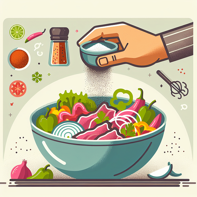 mixing bowl with meat and vegetables being seasoned for fajitas