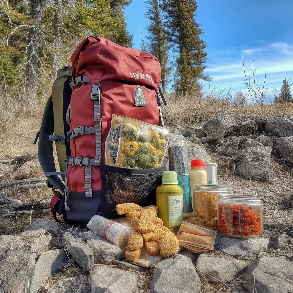 A hikers backpack with various snacks like nuts, fruits, and energy bars packed in resealable bags and airtight containers, placed in easily accessible side pockets. A small cooler with ice packs for perishable items is also visible. In the background, a bear canister hangs from a tree branch.