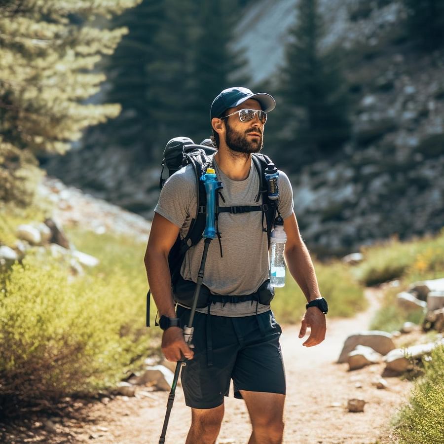 A hiker wearing a hydration pack while trekking