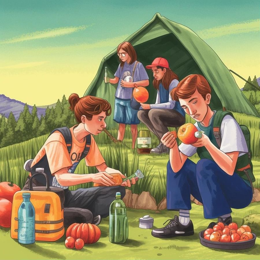 A group of campers taking a break during their hike, sitting together and drinking water from their bottles, with a variety of fruits and vegetables laid out on a picnic blanket. In the background, a hiker is checking the color of their urine while another camper is applying sunscreen to their skin.