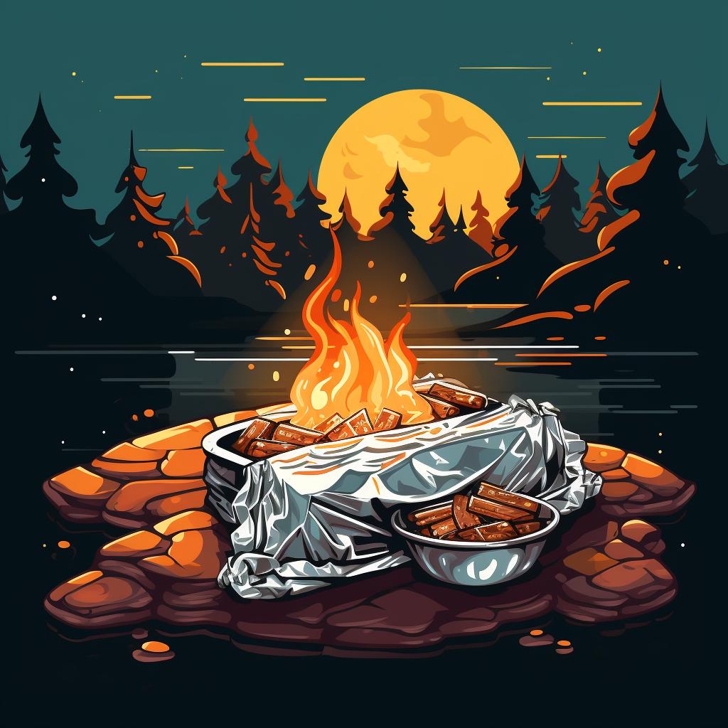 Foil packets cooking over a campfire