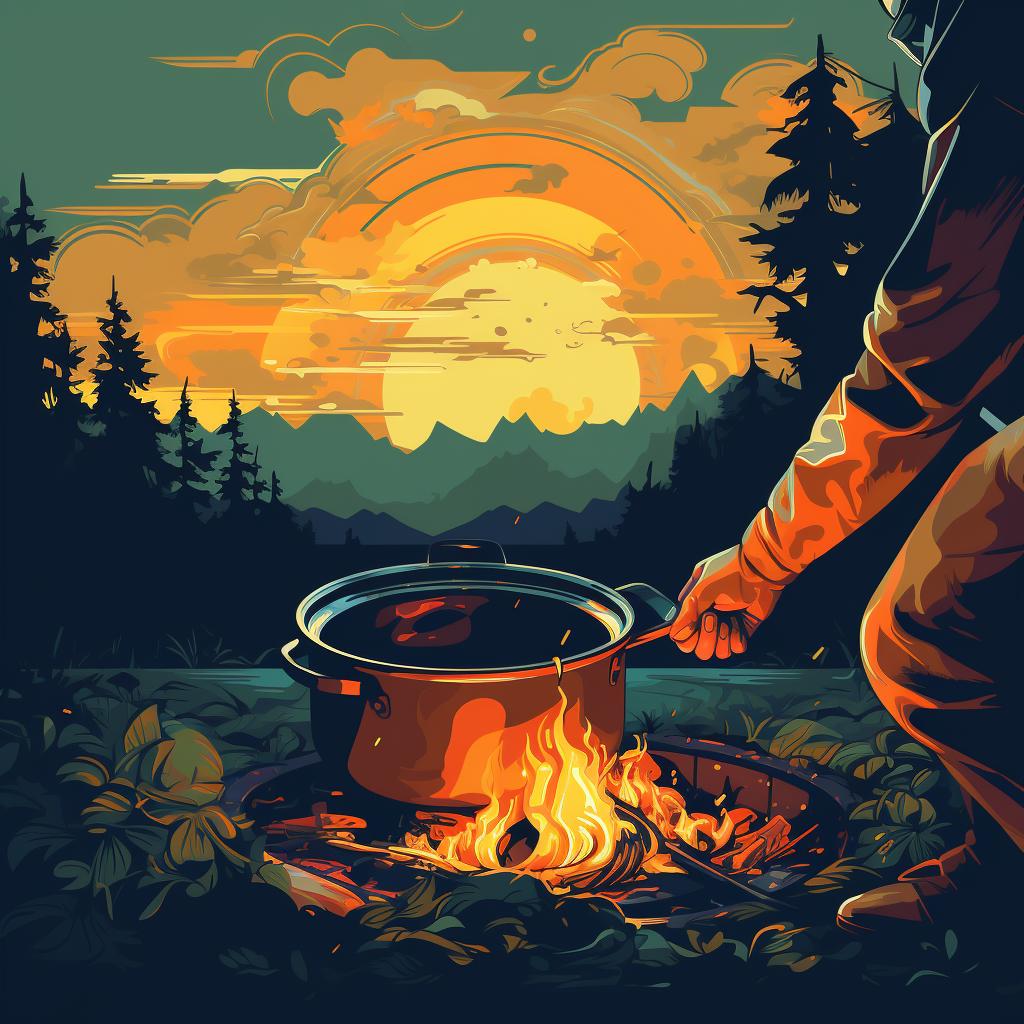 Hand stirring a pot of stew over a campfire