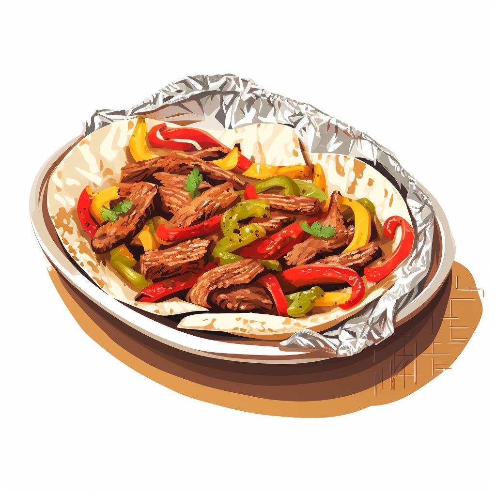 Opened foil packet revealing cooked fajitas