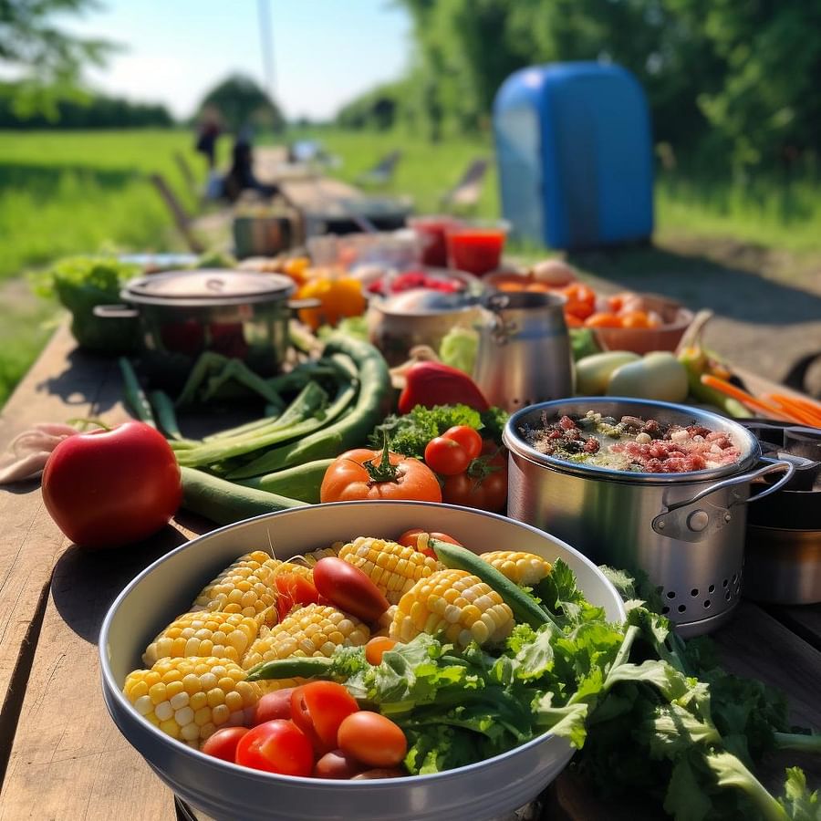 A campsite with a portable camping stove, a pot filled with a healthy one-pot meal, and a variety of fresh fruits, vegetables, and spices spread out on a picnic table, with campers preparing their meal in the background.