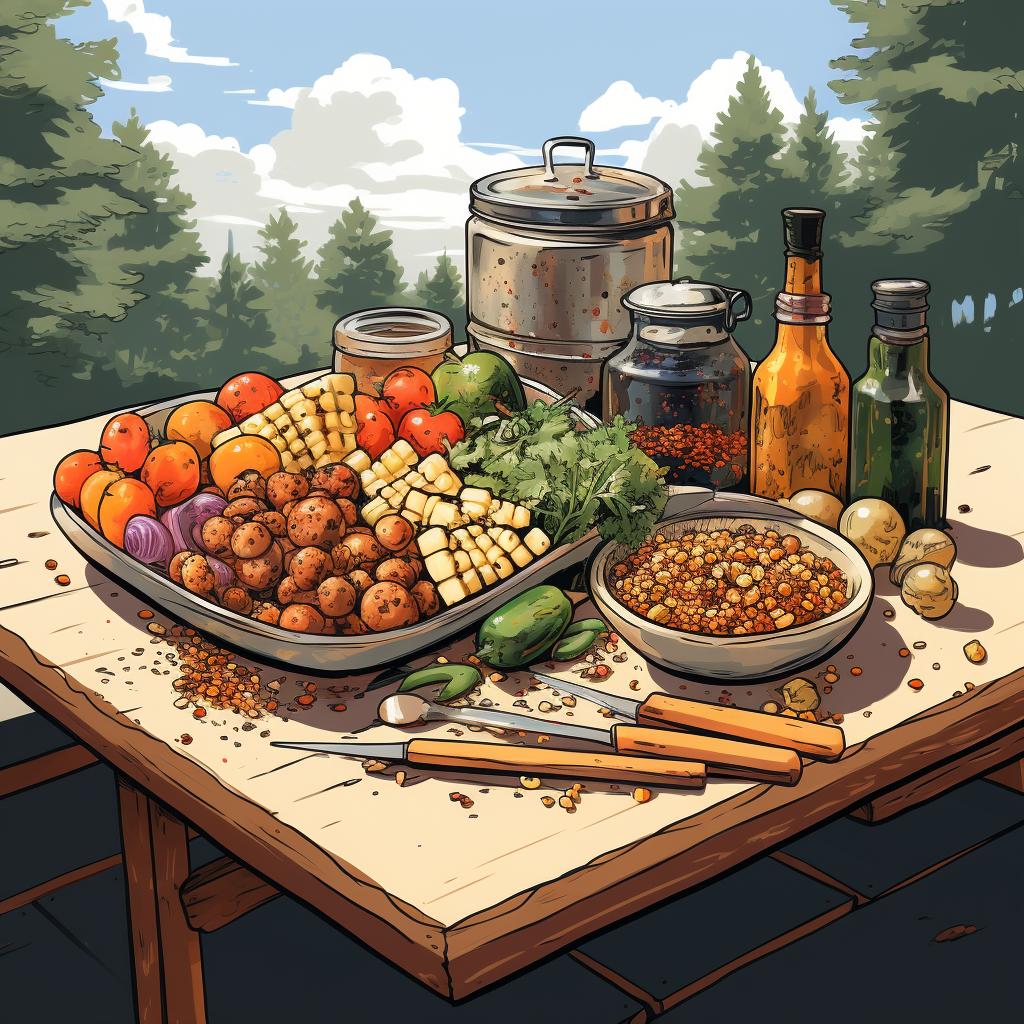 Chopped vegetables, marinated tofu and a collection of spices on a camping table