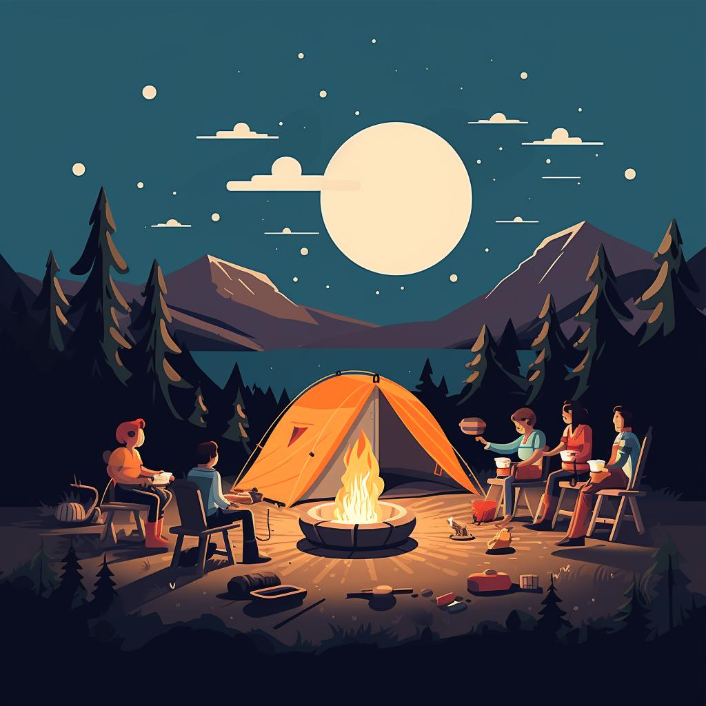Group of campers enjoying their meal around a campfire