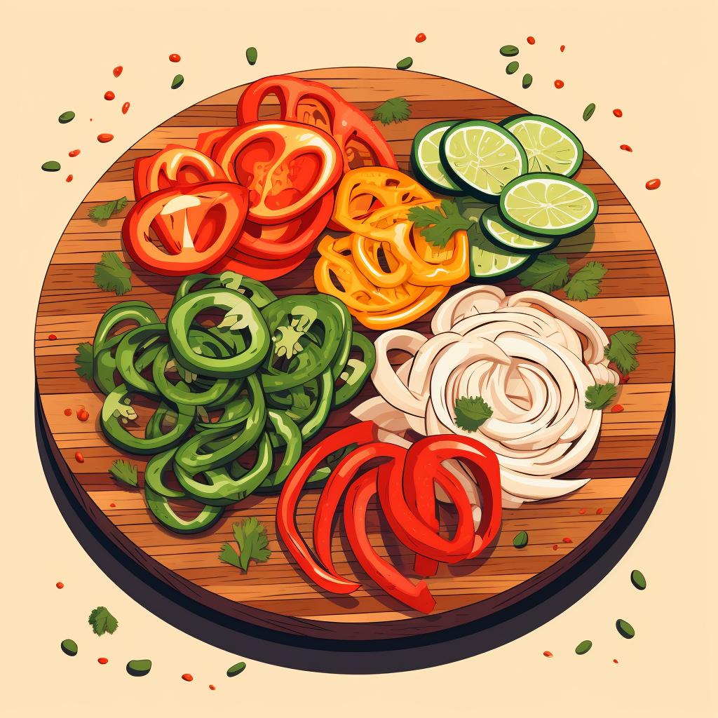 Thinly sliced bell peppers and onions on a cutting board