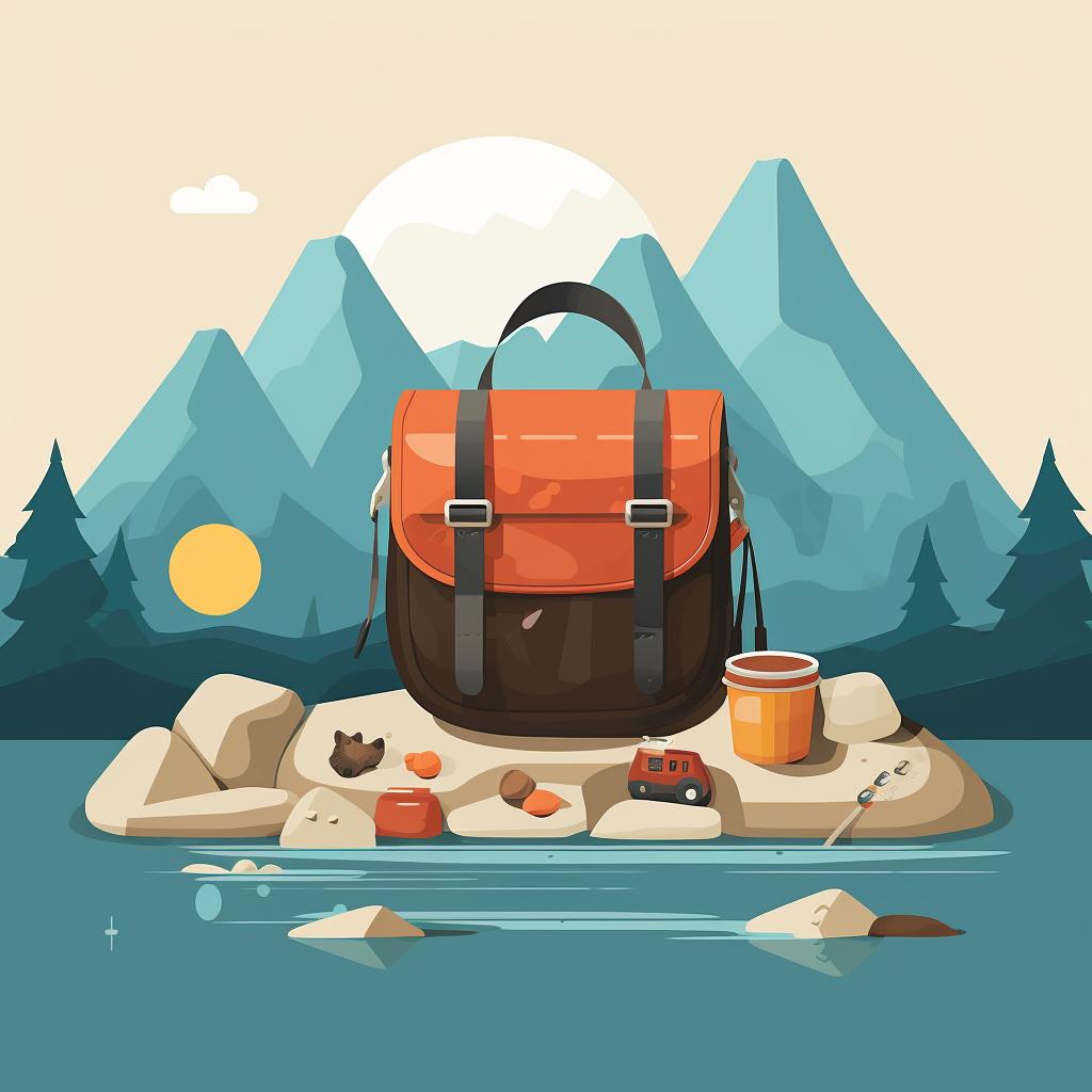 Camping supplies including a bear bag, a carabiner, a small bag filled with rocks, and a rope