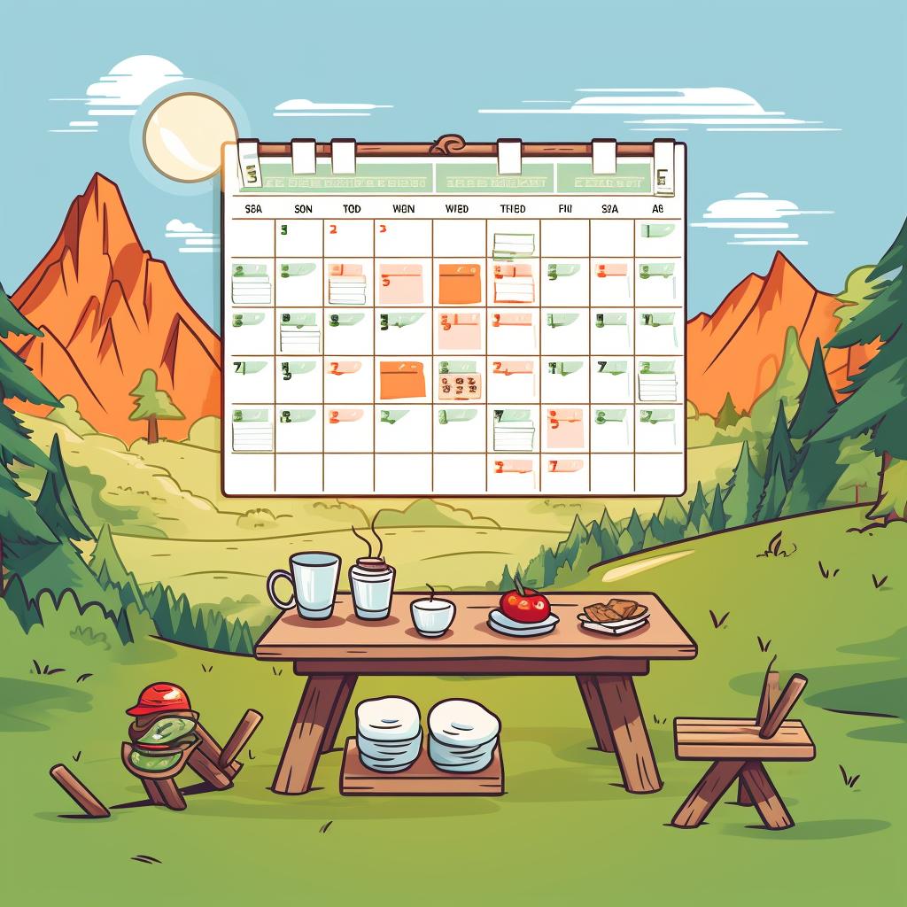 A calendar with meals planned out for each day of a week-long backpacking trip.