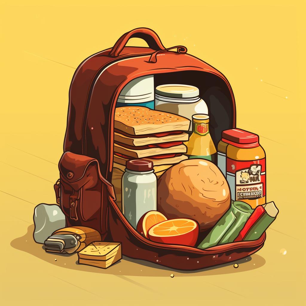 A backpack being packed, with heavier items like canned food at the bottom and lighter items like bread on top.