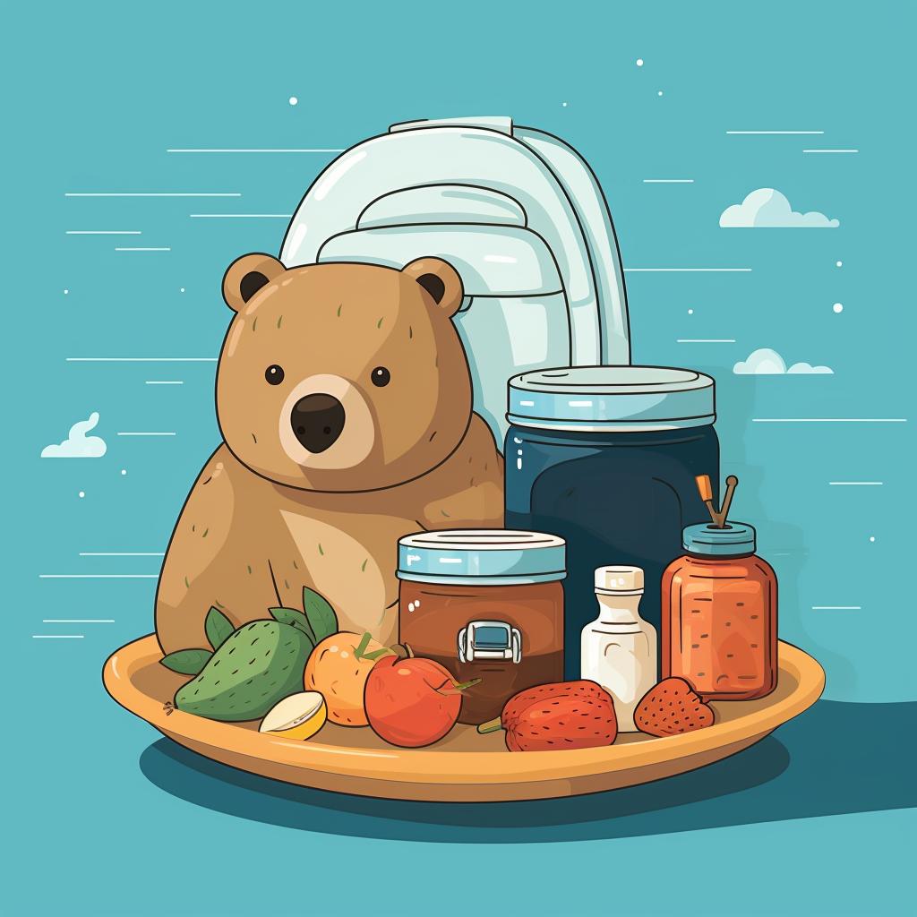 A bear canister filled with food, placed next to a backpack.