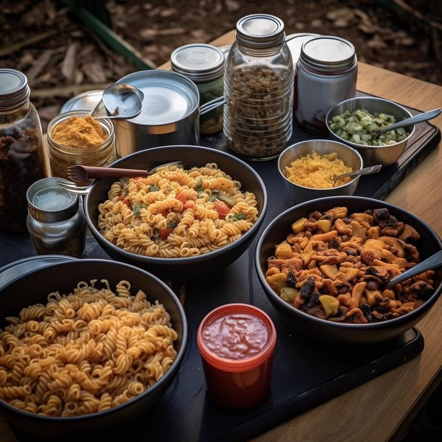 A delicious vegan camping meal spread with one-pot chili, stir-fry, energy bars, and pasta