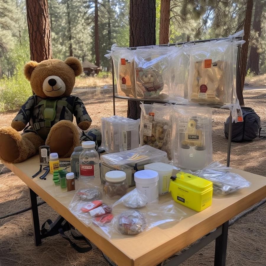 A variety of airtight containers, resealable plastic bags, a DIY bear hang setup with rope and carabiner, and a homemade bear canister with reflective tape, all displayed on a campsite table surrounded by trees.