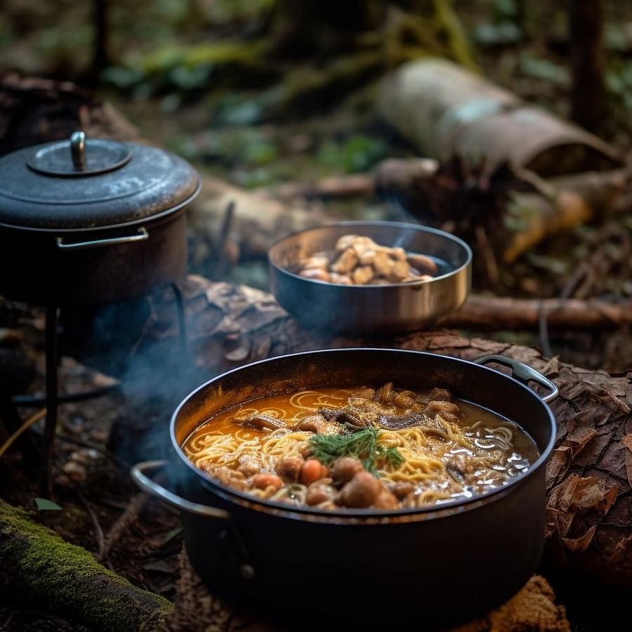 A delicious one-pot meal being prepared at a campsite