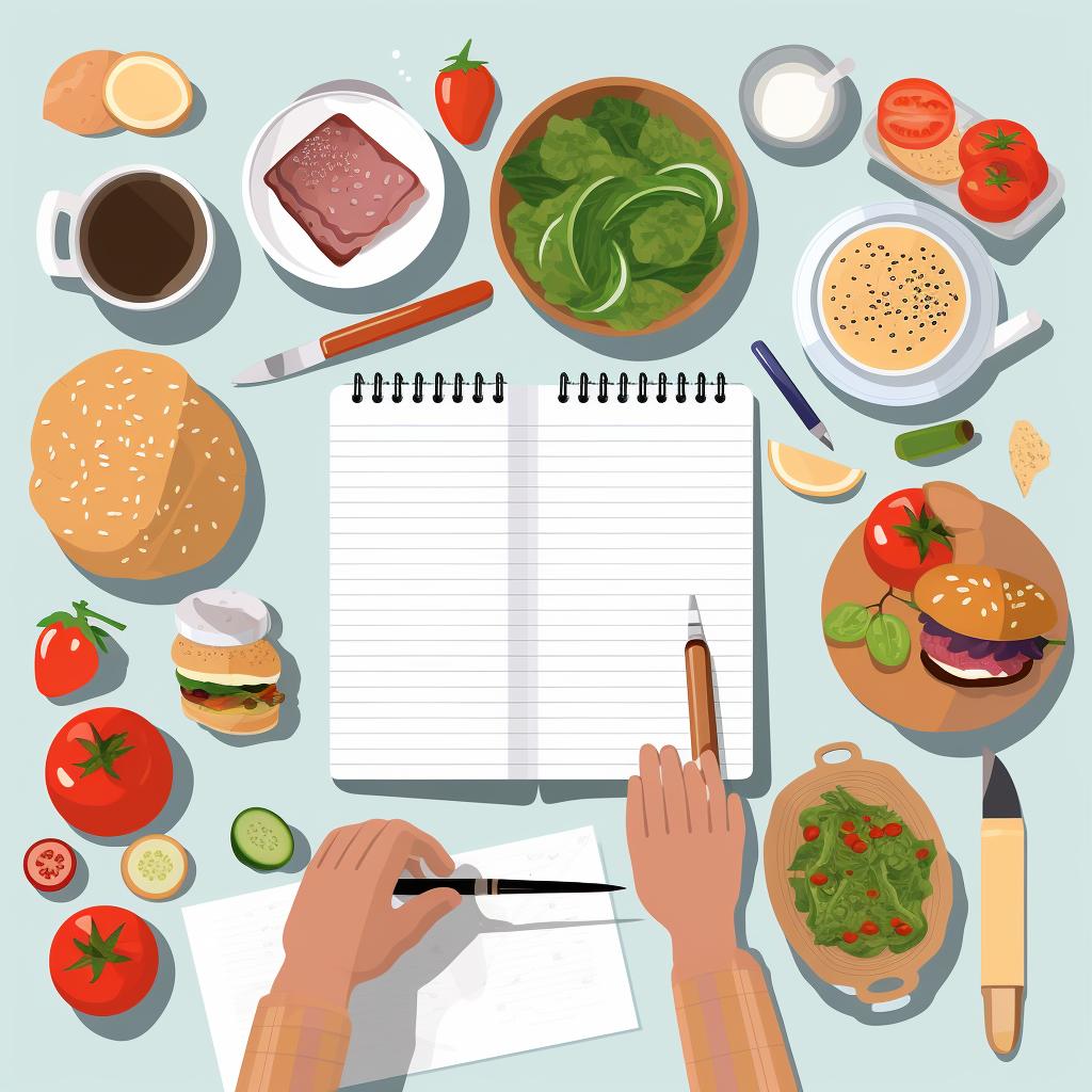 A person planning meals with a notepad and various food items spread on a table.
